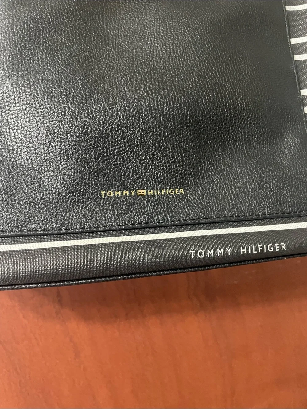 Tommy Hilfiger Black and White Striped Tote with Front Pocket